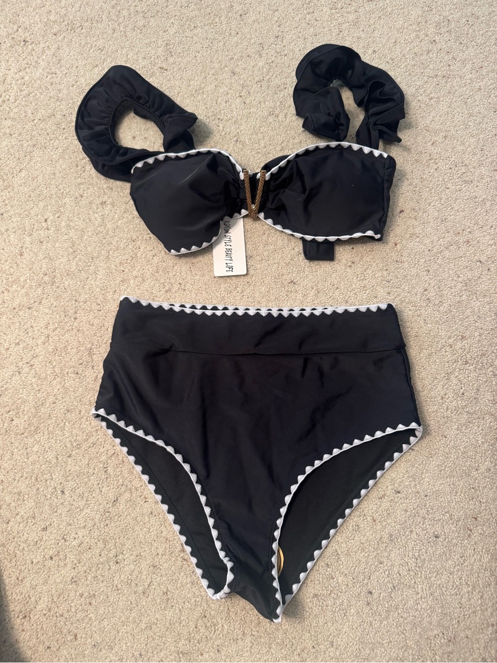 High-Waist Black Bikini Set with White Trim